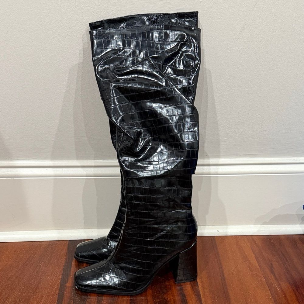 Pretty Little Thing Croc Embossed Long Ruched Boots  Size 9